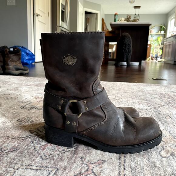 Harley Davidson Ashby Square Toe Harness Motorcycle Brown Leather Boots SZ 9.5 - Picture 2 of 12